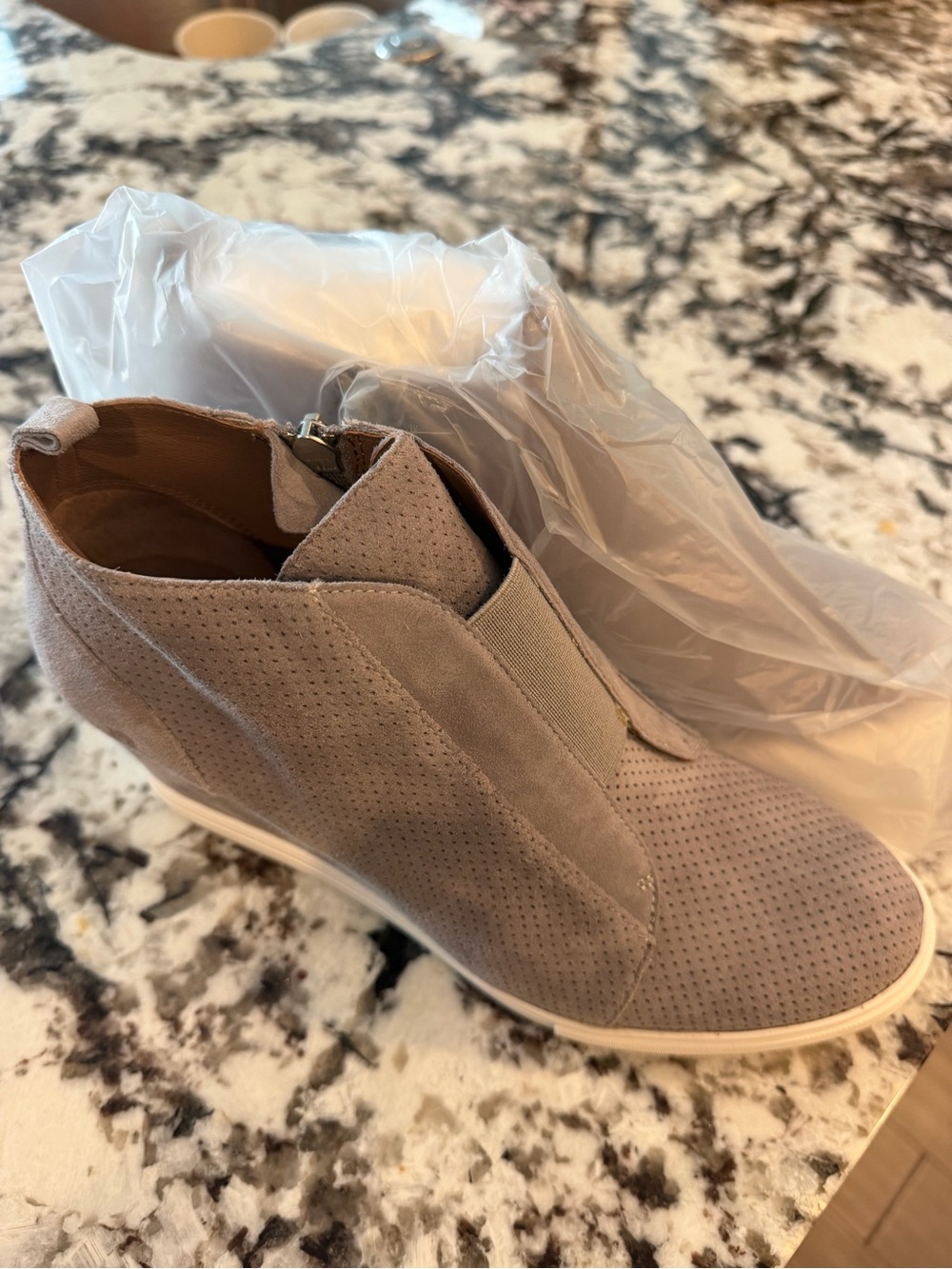 Paolo Taupe Perforated Suede Hidden Wedge Ankle Bootie WITH FREE BEAUTY GIFT
